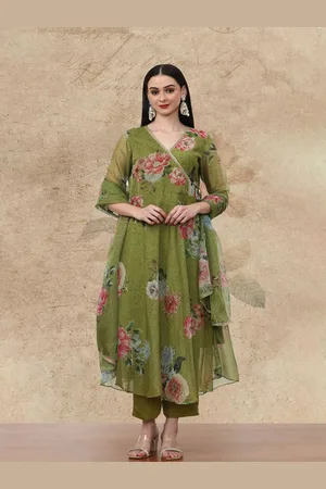 AVANSHEE Floral Printed V-Neck Angrakha Anarkali Kurta With Trouser And Dupatta
