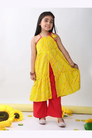 Sangria Girls Leheriya Printed Pure Cotton Tiered A-Line Kurta With Palazzo
