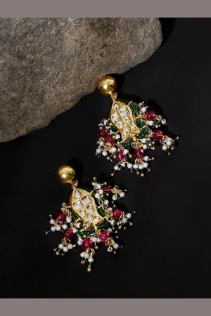 DUGRISTYLE Gold-Plated Kundan Studded Contemporary Shaped Drop Earrings