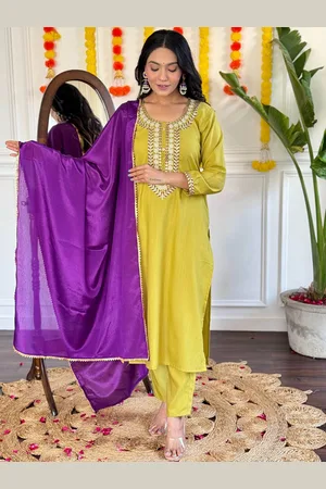 Lilots Floral Embroidered Round Neck Kurta With Trousers And Dupatta