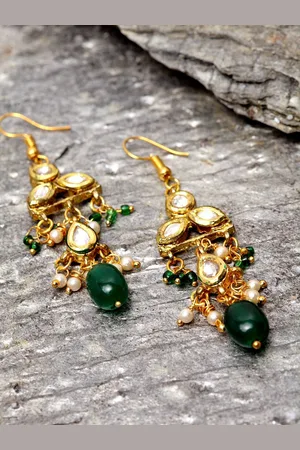 DUGRISTYLE Gold-Plated Kundan Studded & Beaded Contemporary Shaped Drop Earrings