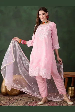 MANVAA Floral Embroidered Thread Work Round Neck Kurta with Trouser & Dupatta