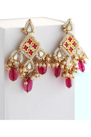 DUGRISTYLE Coral Gold-Plated Stones Studded & Beaded Classic Shaped Drop Earrings