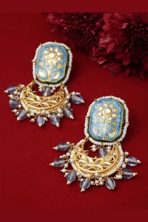 DUGRISTYLE Neel Gold-Plated Stones Studded & Beaded Contemporary Shaped Drop Earrings