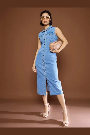 Sassafras Women Shirt Collar Denim Shirt Midi Dress