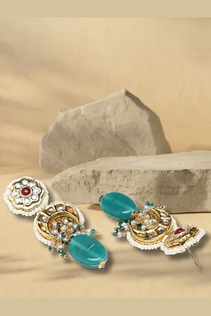 DUGRISTYLE Gold-Plated Artificial Stones Studded & Beaded Contemporary Drop Earrings
