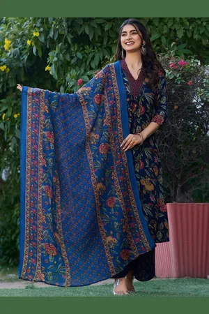 DIVASTRI Floral Printed V-Neck A-Line Kurta With Trouser And Dupatta