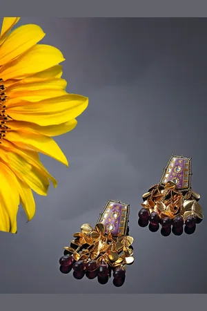 DUGRISTYLE Twilight Gold-Plated Stones Studded & Beaded Contemporary Shaped Drop Earrings