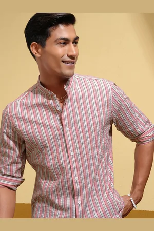 LocoMotive Premium Slim Fit Men Dobby Stripped Band Collar Casual Shirt