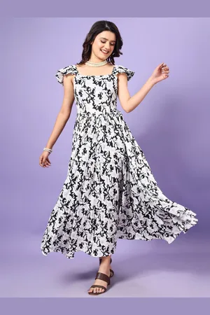 Corsica Women Floral Printed Square Neck Cap Sleeves Midi A-Line Dress