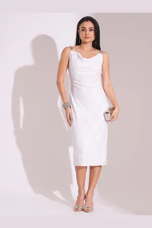 Globus Women White Cowl Neck Metal Shoulder Straps Side Slits Lace Bodycon Midi Dress