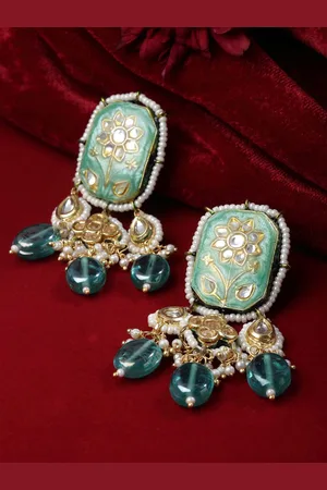 DUGRISTYLE Neela Phirki Gold-Plated Kundan Studded & Beaded Contemporary Drop Earrings