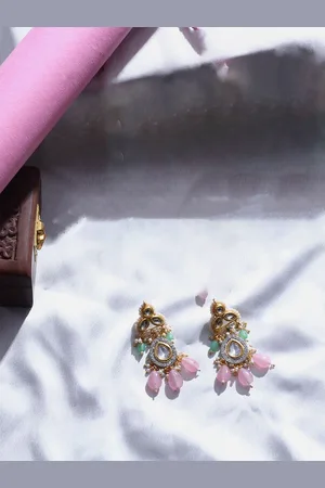 DUGRISTYLE Gold-Plated Artificial Stones Studded & Beaded Contemporary Drop Earrings