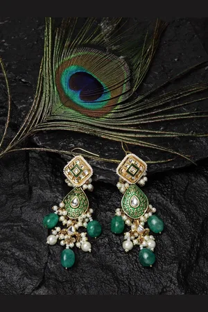 DUGRISTYLE Gold-Plated Artificial Stones Studded & Beaded Contemporary Drop Earrings
