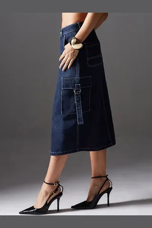 Miss Chase Women Straight Frozen In Time Denim Cargo Midi Skirt