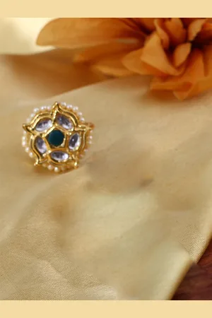 DUGRISTYLE Gold-Plated Kundan & Pearls Studded Adjustable Finger Ring