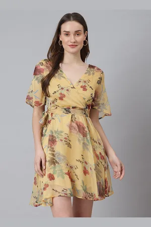 Moda Rapido Women Floral Printed Flared Sleeve Chiffon Wrap Dress