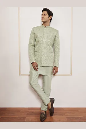 Vastramay Mandarin Collar Straight Kurta With Trousers And Bandhgala Jodhpuri Waistcoat