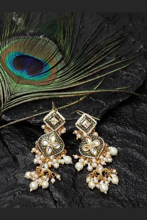 DUGRISTYLE Frosty Gold-Plated Stones Studded & Beaded Contemporary Shaped Drop Earrings
