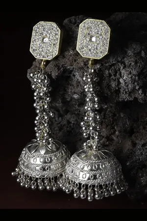 DUGRISTYLE Moonbeam Silver-Plated American Diamond Studded & Beaded Dome Drop Earrings