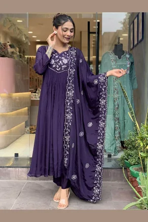 Lilots Floral Embroidered Notch Neck Anarkali Kurta With Trousers And Dupatta