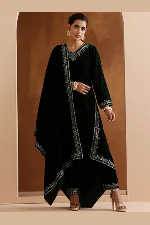 Ishin Floral Yoke Design V-Neck Sequinned Velvet Straight Kurta With Trousers & Dupatta