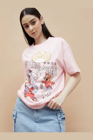 Lifestyle Women Tom & Jerry Graphic Printed Round Neck Cotton Oversized T-shirt