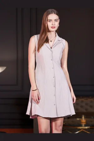DressBerry Beige-Coloured Self Design Shirt Collar Sleeveless Sheath Dress
