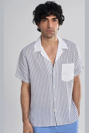 Terra Luna Men Cuban Collar Vertical Striped Linen Casual Shirt