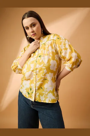 all about you Women Floral Printed Mandarin Collar Shirt Style Puff Sleeve Top