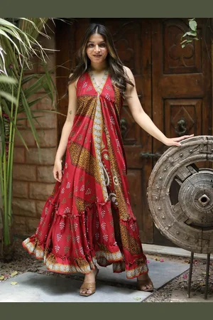Exotic India Halter Neck Floral Printed Fit and Flare Dress