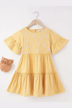Ed-a-Mamma Girls Floral Embroidered Bell Sleeves Tiered Cotton Fit & Flare Dress