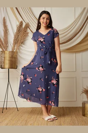 BAESD Girls Floral Printed V-Neck A-Line Midi Dress