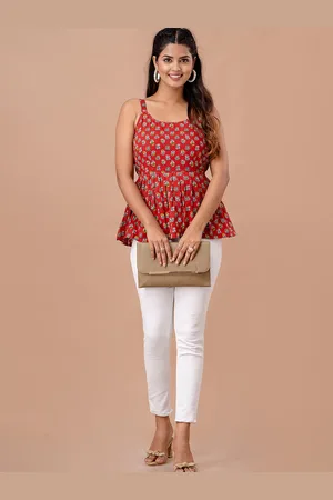 LIVING ROOTS Women Floral Block Printed Gathered or Pleated Cotton Peplum Top