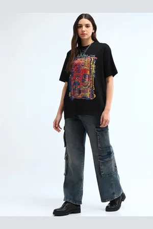 Flying Machine Women Relaxed Fit High-Rise Light Fade Cargo Styles Stretchable Jeans