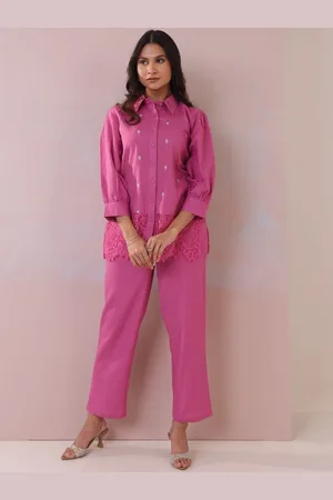 AUTUMN LANE Floral Embroidery Lace Work Pure Cotton Shirt With Trousers