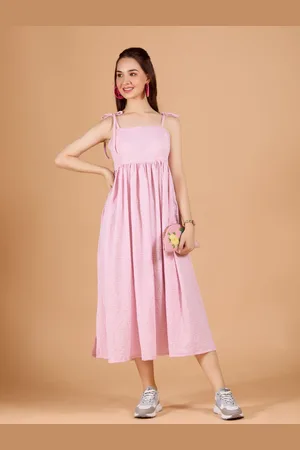 DressBerry Womens Baby Pink Checkered Poly Rayon Calf Length Dress
