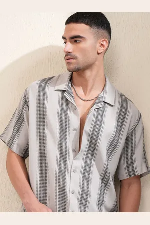 LocoMotive Premium Men Dobby Textured Striped Cuban Collar Oversized Shirt