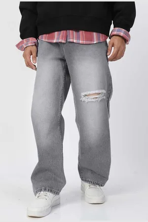 URBANO Men Pure Cotton Loose Relaxed Fit Slash Knee Heavy Fade Jeans