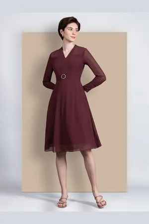 Chemistry Women V-Neck Full Sleeve Solid Fit & Flare Midi Work wear Dress