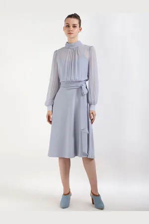 Calvin Klein Women Puff Sleeve High Neck Knee Length Fit & Flare Dress