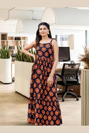 Ambraee Floral Printed Tiered Fit & Flare Maxi Dress