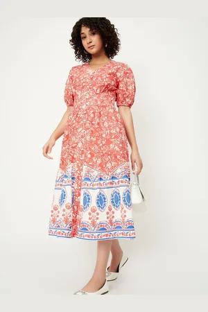 Max Collection Women Ethnic Motifs Printed Bishop Sleeve Pure Cotton Fit & Flare Midi Dress