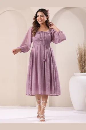 Janasya Women Lavender Dobby Chiffon Self Design Fit & Flare Dress