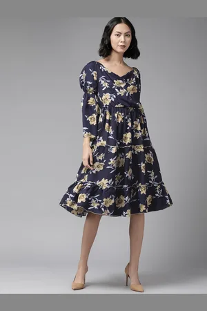 Corsica Women Floral Printed Puff Sleeves Cowl Neck Fit & Flare Dress