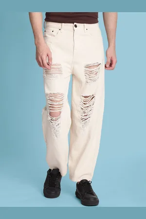 Roadster The Lifestyle Co Ecru Heavy Distress Baggy Fit Jeans