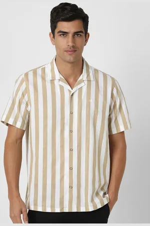 Peter England Men Cuban Collar Vertical Striped Cotton Casual Shirt