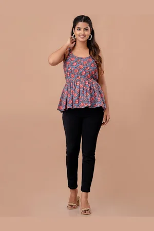 LIVING ROOTS Floral Block Printed Shoulder Straps Pure Cotton Peplum Top