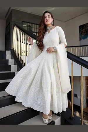 Kalini Women Cotton Chikankari Fit & Flare Ethnic Dress With Dupatta