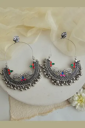 Binnis Wardrobe Silver-Plated Peacock Shaped Oxidised Chandbalis